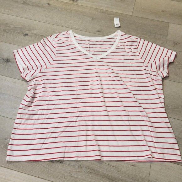 Womens Old Navy V Neck White Red Stripe XXL Short Sleeve Shirt - Picture 1 of 4